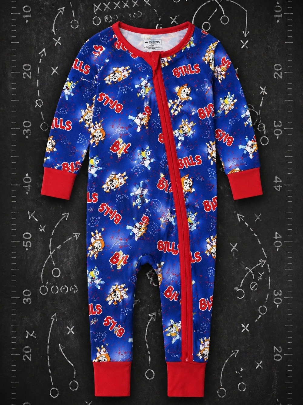 NWOT Bluey Print Zip-Front One-Piece Bamboo Pajamas with Red Trim